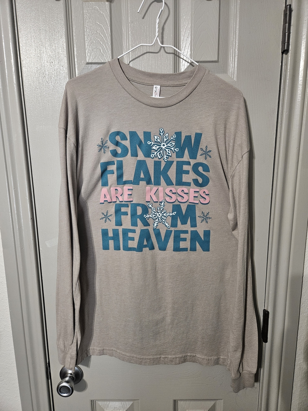 Beige Long Sleeve Tee with Teal & Pink Snowflake Graphic